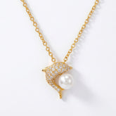 Dolphin Playing with freshwater pearl Necklace/GOLD