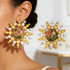 UNAKITE BEAD STUD EAR/GOLD METAL