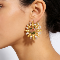 UNAKITE BEAD STUD EAR/GOLD METAL