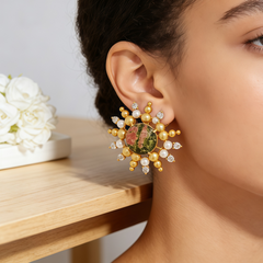 UNAKITE BEAD STUD EAR/GOLD METAL