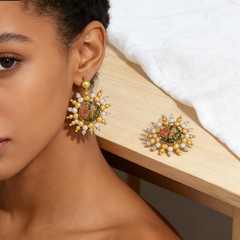 UNAKITE BEAD STUD EAR/GOLD METAL