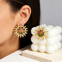 UNAKITE BEAD STUD EAR/GOLD METAL