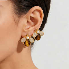 YELLOW TIGER'S EYE BEE EAR/GOLD METAL