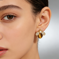 YELLOW TIGER'S EYE BEE EAR/GOLD METAL