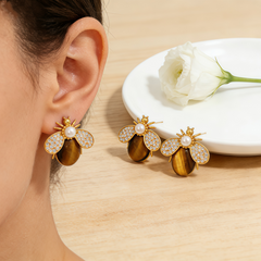 YELLOW TIGER'S EYE BEE EAR/GOLD METAL
