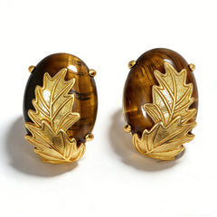 YELLOW TIGER'S EYE STUD EAR/GOLD FLOWE