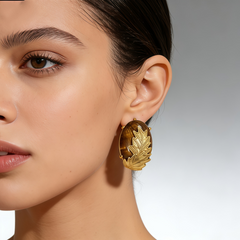 YELLOW TIGER'S EYE STUD EAR/GOLD FLOWE