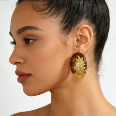 YELLOW TIGER'S EYE STUD EAR/GOLD FLOWE