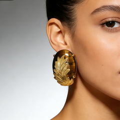 YELLOW TIGER'S EYE STUD EAR/GOLD FLOWE