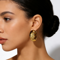 YELLOW TIGER'S EYE STUD EAR/GOLD FLOWE