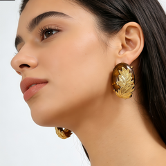 YELLOW TIGER'S EYE STUD EAR/GOLD FLOWE