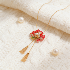 Classic Flower Enamel Long  Necklace/Tassel