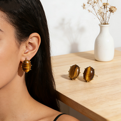 YELLOW TIGER'S EYE STUD EAR/GOLD