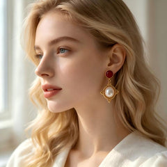 Red Agate Pearl Drop Earrings