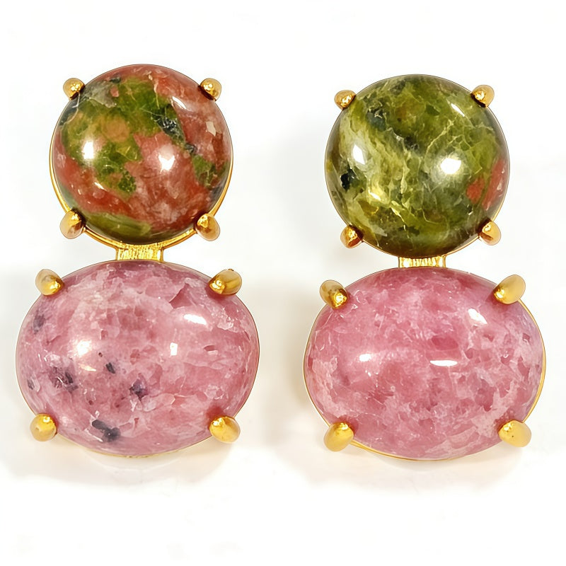 UNAKITE & RHODOCHROSITE STUD EAR/GLD