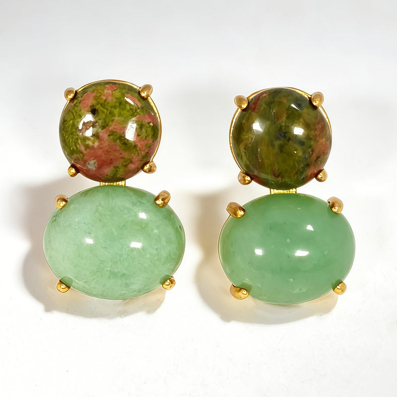 UNAKITE & GREEN DONGLING STUD EAR/GLD