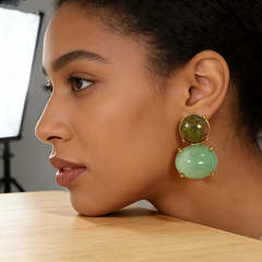 UNAKITE & GREEN DONGLING STUD EAR/GLD