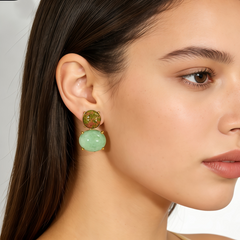 UNAKITE & GREEN DONGLING STUD EAR/GLD