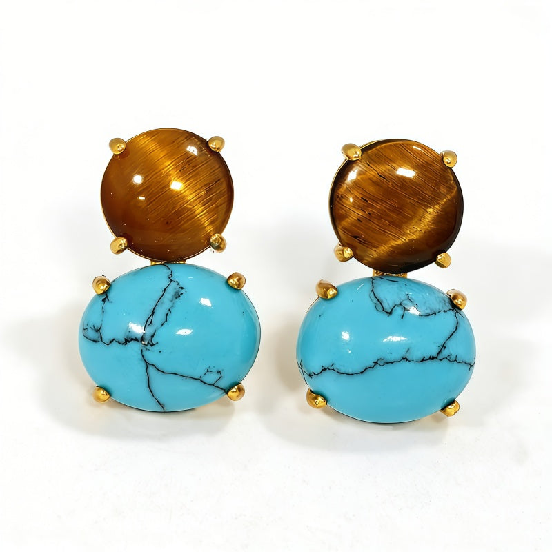 YELLOW TIGER'S EYE TURQUOISE MGNST STUD EAR/GLD