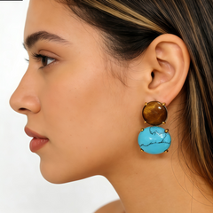 YELLOW TIGER'S EYE TURQUOISE MGNST STUD EAR/GLD