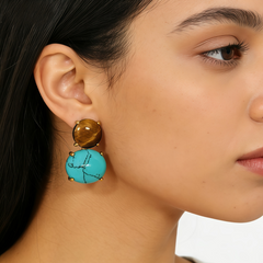 YELLOW TIGER'S EYE TURQUOISE MGNST STUD EAR/GLD