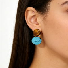 YELLOW TIGER'S EYE TURQUOISE MGNST STUD EAR/GLD