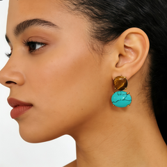 YELLOW TIGER'S EYE TURQUOISE MGNST STUD EAR/GLD