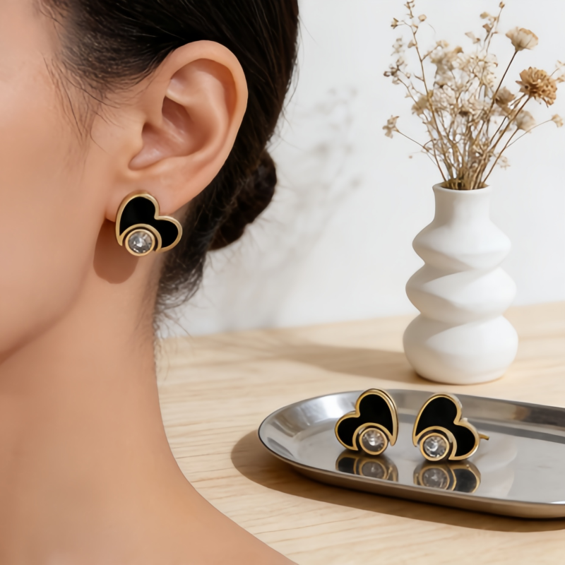 Onyx Heart & Diamond EarringStainless Steel