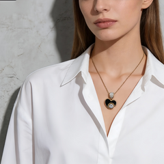 Onyx Heart & Diamond Necklace/Stainless Steel