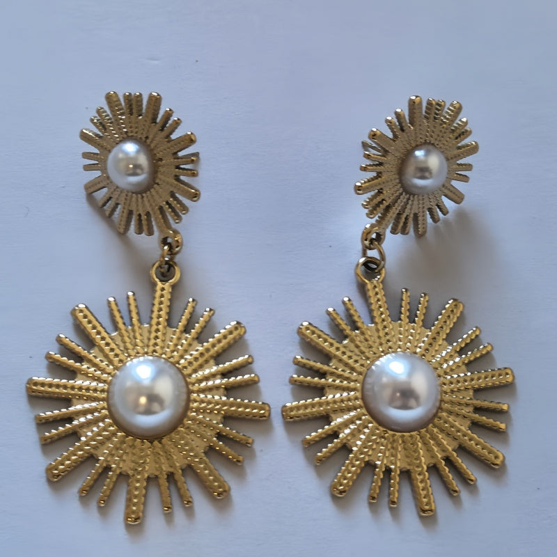 Pearl Sun Medallion Drops Earrings/ GOLD Stainless Steel