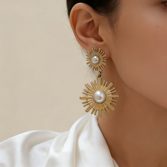 Pearl Sun Medallion Drops Earrings/ GOLD Stainless Steel