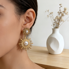 Pearl Sun Medallion Drops Earrings/ GOLD Stainless Steel