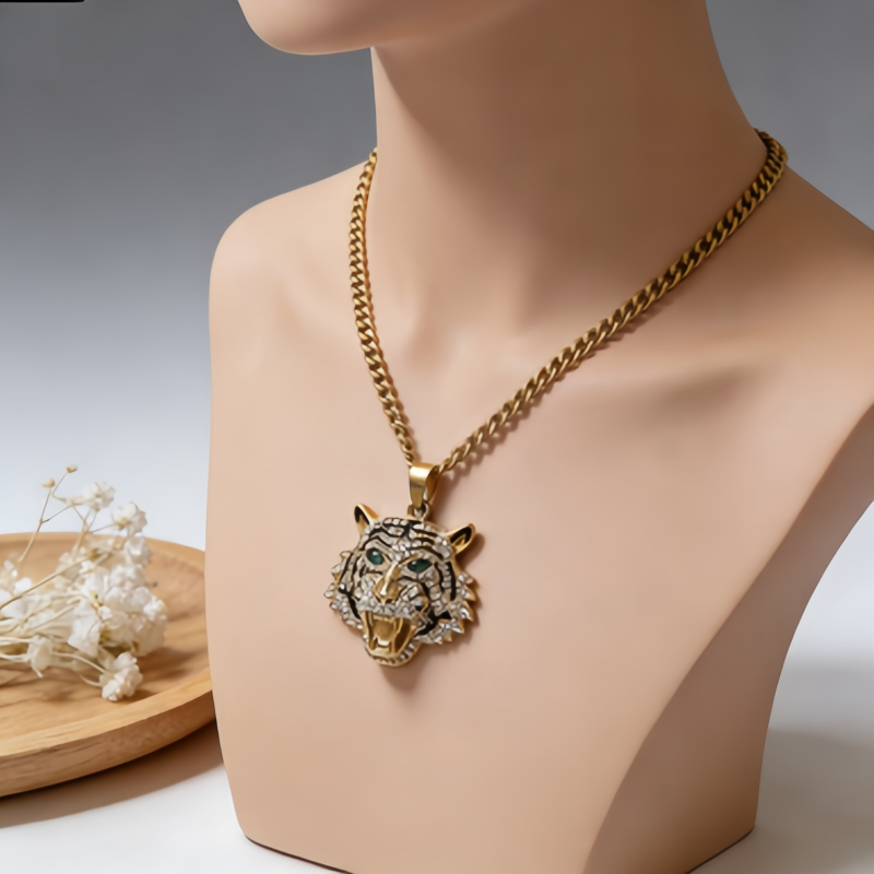 Golden Tiger Head Pendant Necklace/Stainless Steel