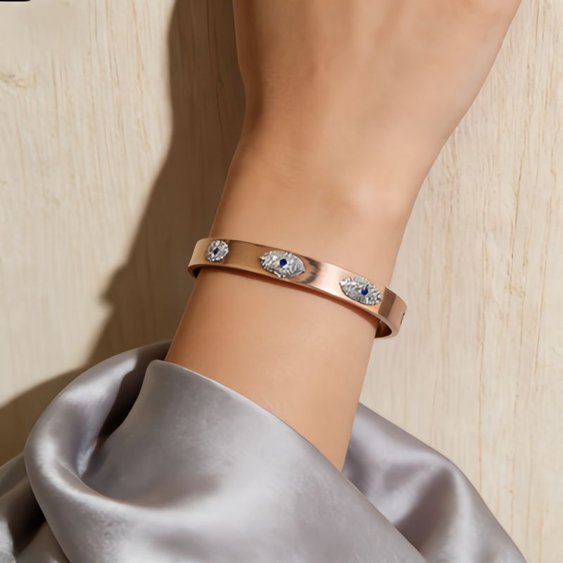 Stainless Steel Rose Gold Evil Eye Open Cuff Bangle
