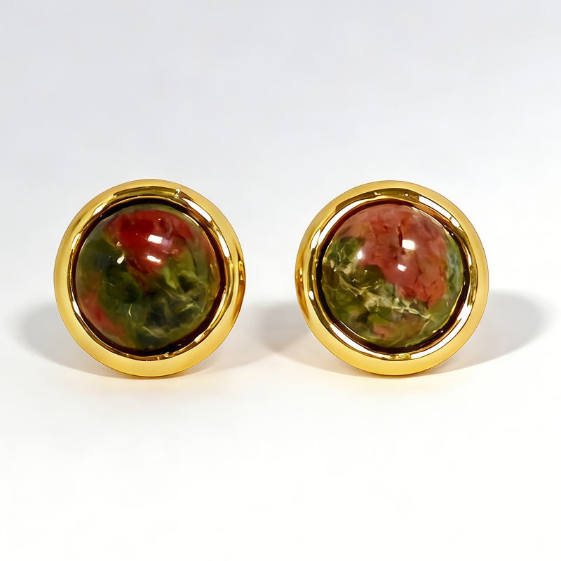 ROUND UNAKITE STUD EAR/GLD