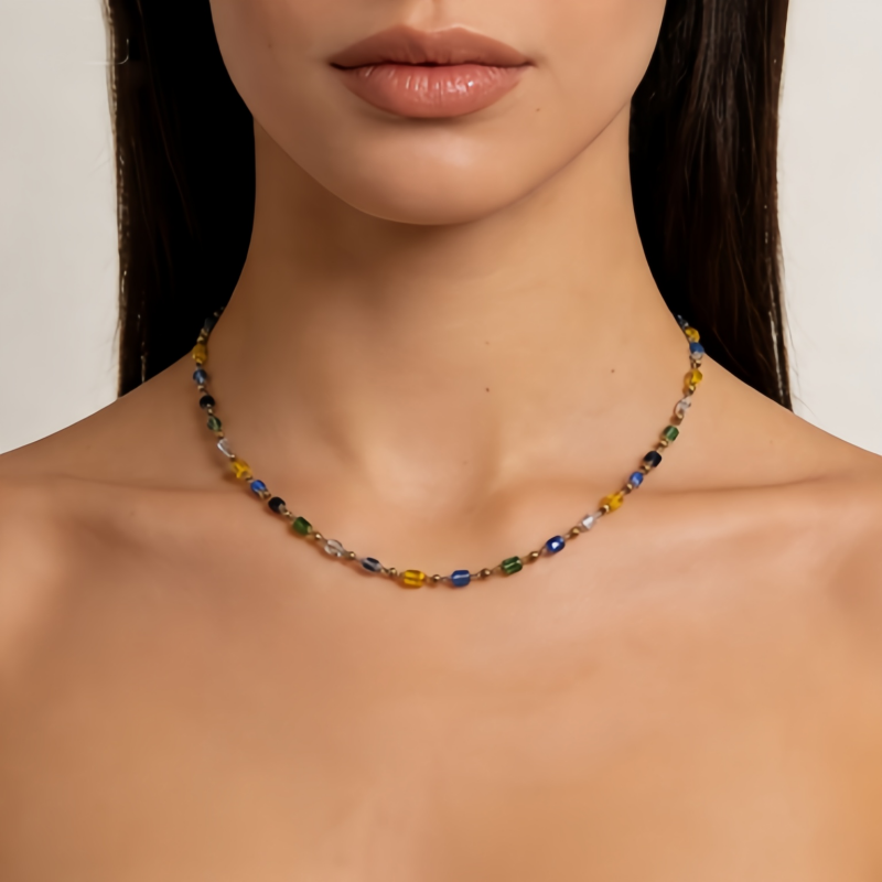Rainbow Beaded Layered Necklace/Stainless Steel
