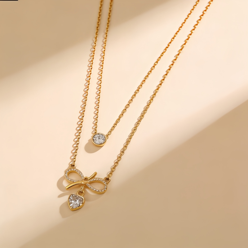 Dainty Bow & CZ Layered Chain NCK/GOLD Stainless Steel
