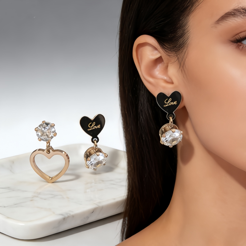 Love Heart CZ Mismatched Earrings/RSG Stainless Steel