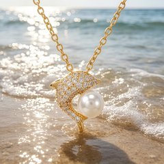 Dolphin Playing with freshwater pearl Necklace/GOLD
