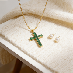 Cross  green nano Necklace /18K GOLD