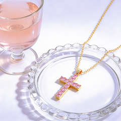 Cross pink Necklace/Rhodium