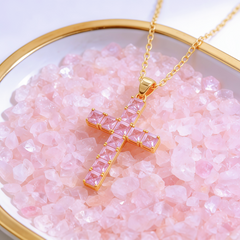 Cross pink Necklace/Rhodium
