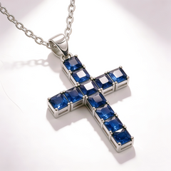 Cross  blue nano Necklace/Rhodium