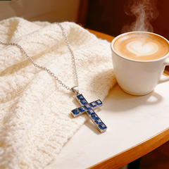 Cross  blue nano Necklace/Rhodium