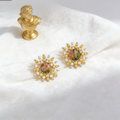 UNAKITE BEAD STUD Earrings /GOLD METAL