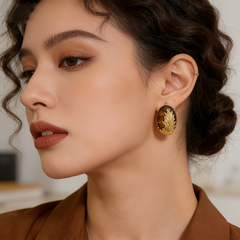 YELLOW TIGER'S EYE STUD Earrings /GOLD FLOWE