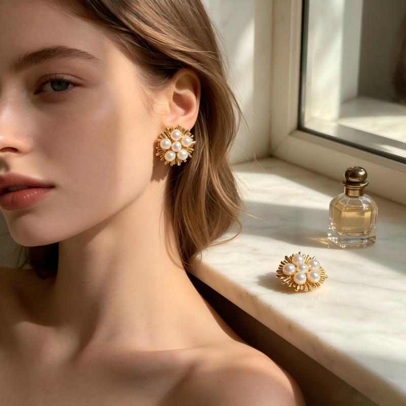 Michelle Gold Flower Pearl Earrings
