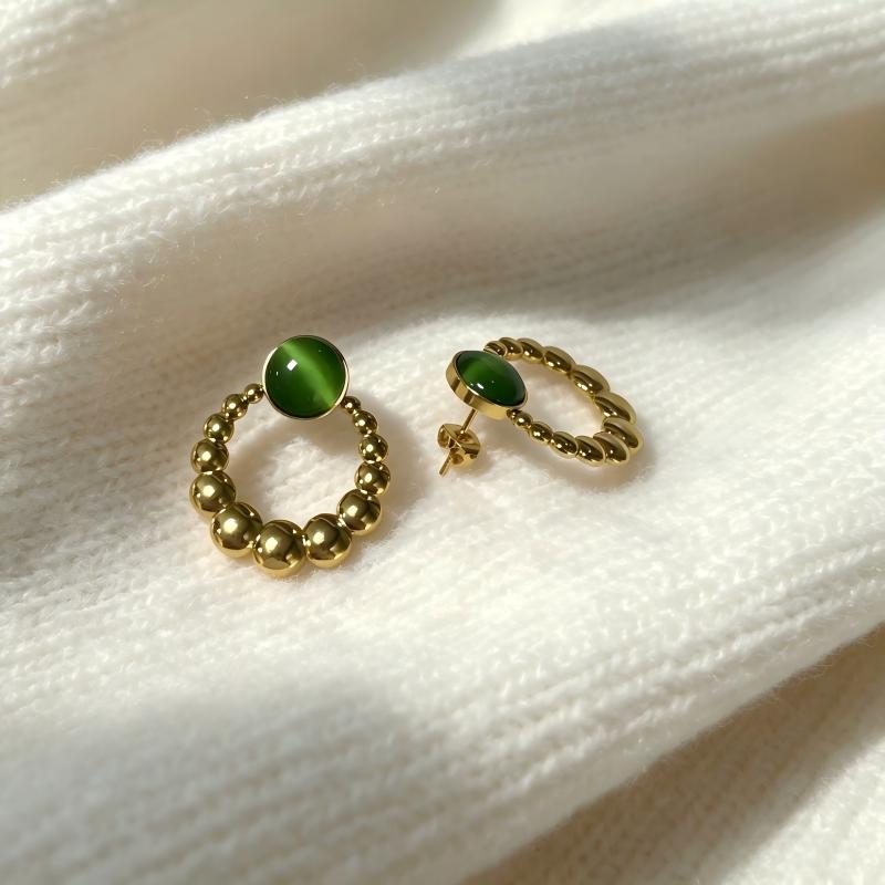 Green Cat's Eye Beaded Hoop Earrings