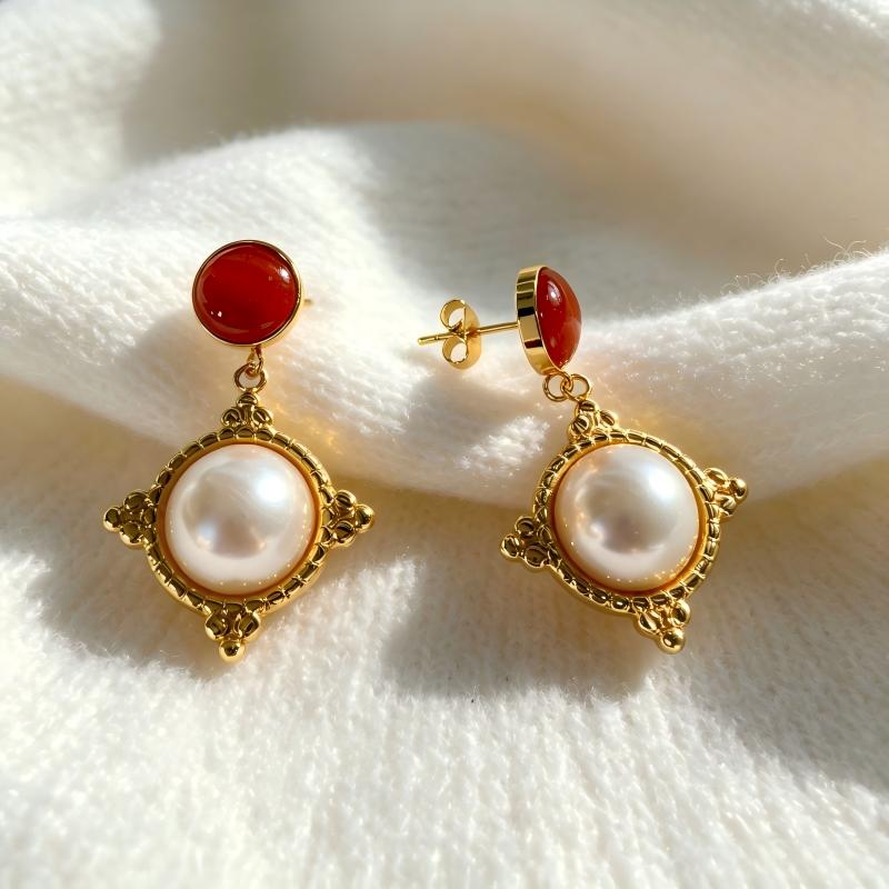 Red Agate Pearl Drop Earrings
