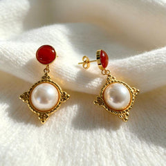 Red Agate Pearl Drop Earrings